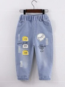 口袋卡通小男童牛仔褲 - 中等水洗藍 - 查看 1