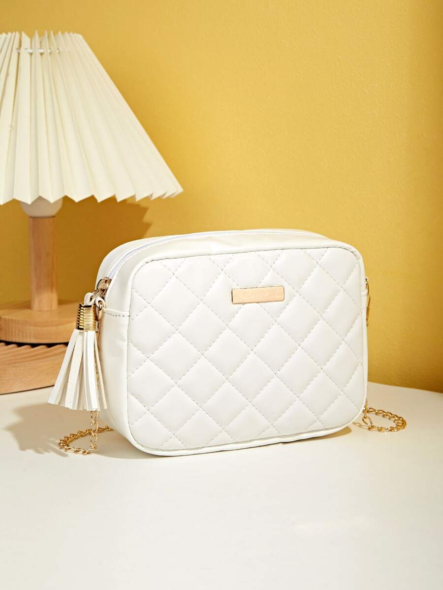 衍縫方形斜肩包鏈條肩帶錢包帶蝴蝶和流蘇裝飾