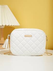 衍縫方形斜肩包鏈條肩帶錢包帶蝴蝶和流蘇裝飾