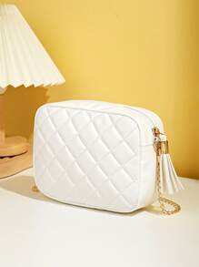 衍縫方形斜肩包鏈條肩帶錢包帶蝴蝶和流蘇裝飾