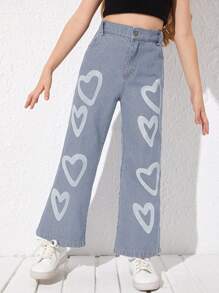 Girls' Casual Heart Printed Jeans, With A Touch Of Childlike And Adorable Feeling, Classic Denim Style With Comfortable Fabric, Versatile And Fashionable, Easy To Match Various Tops, Suitable For Daily Wear, Outdoor Activities, Or Family Gatherings, Perfect For Spring And Summer Seasons. - Light Wash - View 1