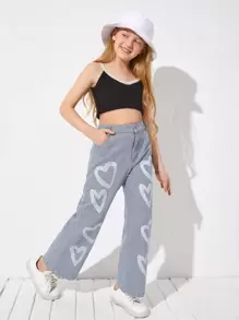 Girls' Casual Heart Printed Jeans, With A Touch Of Childlike And Adorable Feeling, Classic Denim Style With Comfortable Fabric, Versatile And Fashionable, Easy To Match Various Tops, Suitable For Daily Wear, Outdoor Activities, Or Family Gatherings, Perfect For Spring And Summer Seasons. - Light Wash - View 3