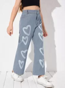Girls' Casual Heart Printed Jeans, With A Touch Of Childlike And Adorable Feeling, Classic Denim Style With Comfortable Fabric, Versatile And Fashionable, Easy To Match Various Tops, Suitable For Daily Wear, Outdoor Activities, Or Family Gatherings, Perfect For Spring And Summer Seasons. - Light Wash - View 4