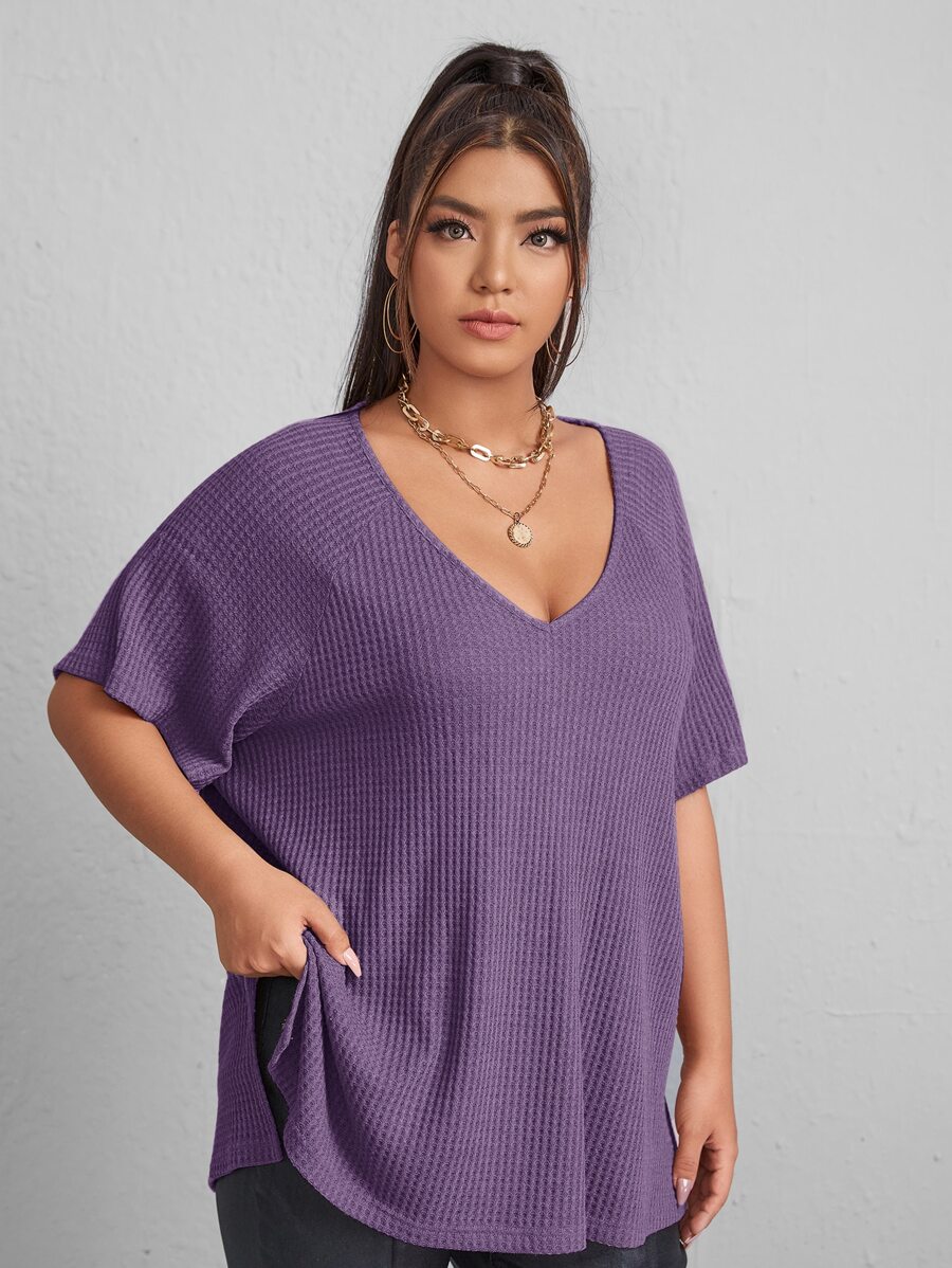 SHEIN Essnce Plus Waffle Knit Split High Low Tee - Purple - View 1