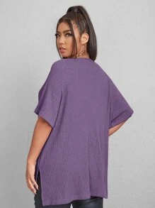 SHEIN Essnce Plus Waffle Knit Split High Low Tee - Purple - View 2