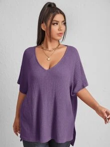 SHEIN Essnce Plus Waffle Knit Split High Low Tee - Purple - View 4