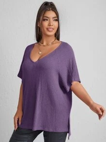 SHEIN Essnce Plus Waffle Knit Split High Low Tee - Purple - View 5