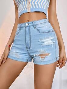 Washed Ripped Roll Up Hem Denim Shorts - Light Wash - View 4