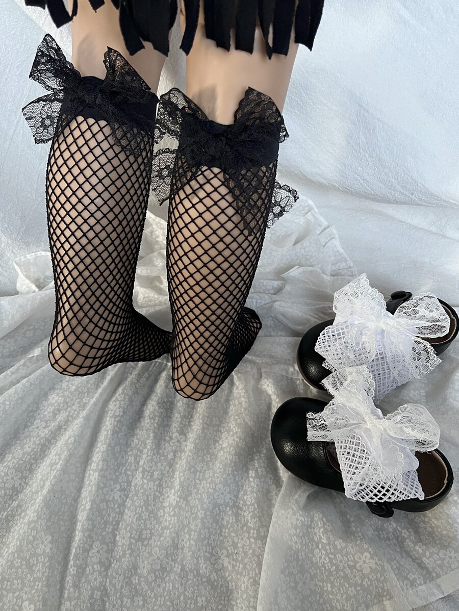 Bé gái mới biết đi Cung trang trí lưới cá trên tất bắp chân - màu đen - Xem 1