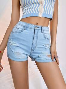 Washed Ripped Roll Up Hem Denim Shorts - Light Wash - View 5
