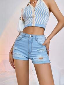 Washed Ripped Roll Up Hem Denim Shorts - Light Wash - View 3