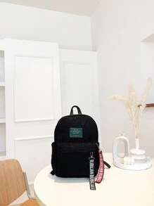 Slogan Ribbon Corduroy Backpack - Black - View 1