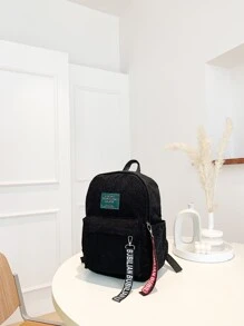 Slogan Ribbon Corduroy Backpack - Black - View 2