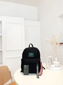 Slogan Ribbon Corduroy Backpack - Black - View 4