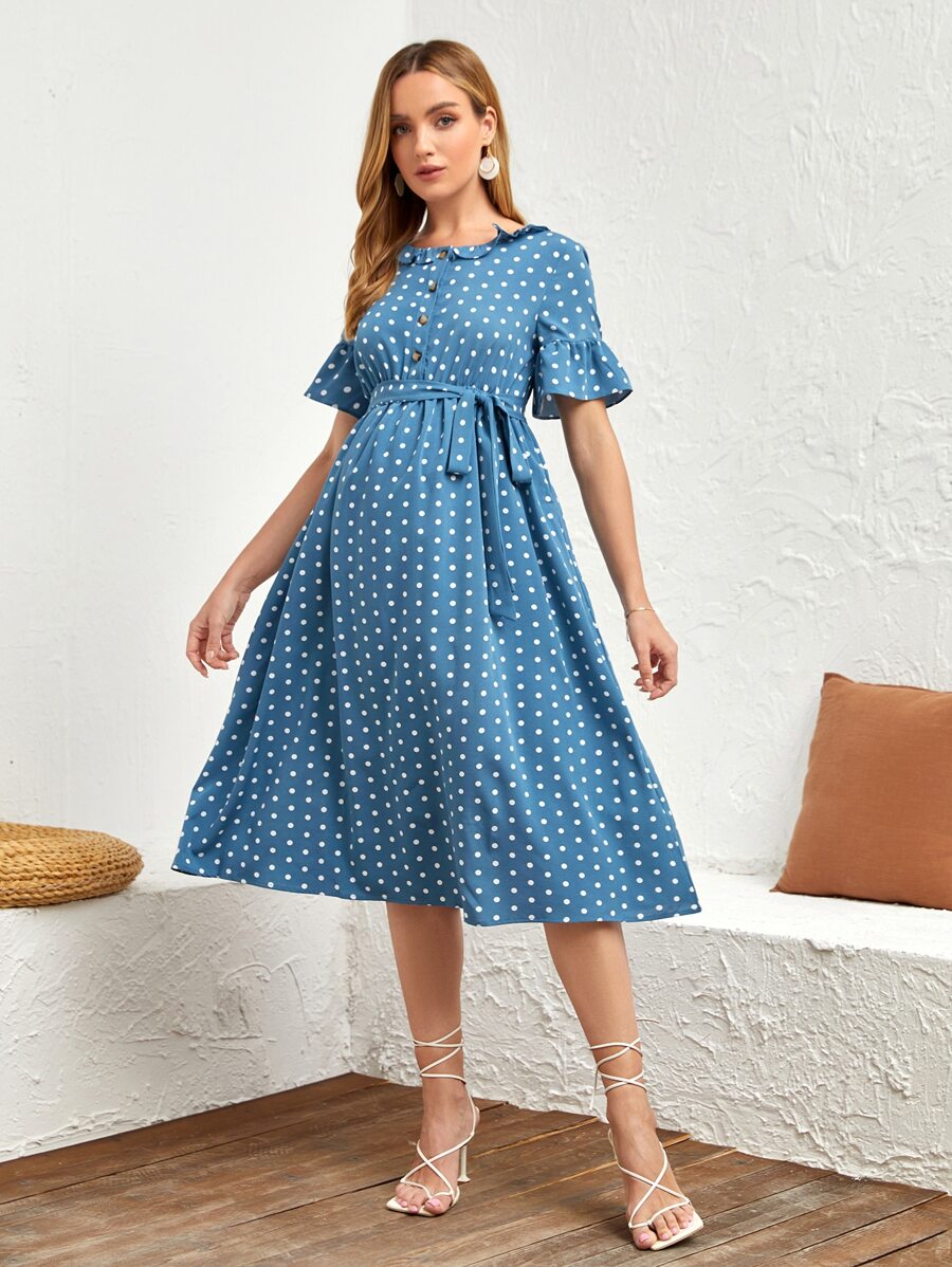 SHEIN Maternity Polka Dot Print Button Front Flounce Sleeve Dress - Blue - View 1