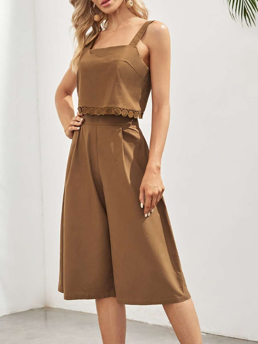 SHEIN VCAY Contrast Guipure Lace Cami Top & Wide Leg Trousers - Brown - View 1