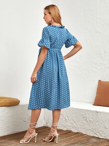 SHEIN Maternity Polka Dot Print Button Front Flounce Sleeve Dress - Blue - View 2