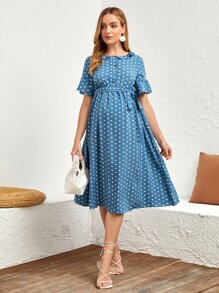 SHEIN Maternity Polka Dot Print Button Front Flounce Sleeve Dress - Blue - View 3