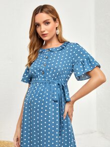 SHEIN Maternity Polka Dot Print Button Front Flounce Sleeve Dress - Blue - View 4
