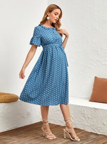 SHEIN Maternity Polka Dot Print Button Front Flounce Sleeve Dress - Blue - View 5