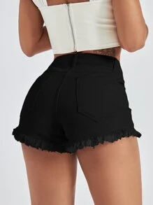 SHEIN Essnce 斜口袋毛邊緣牛仔短褲 - 黑色 - 查看 1