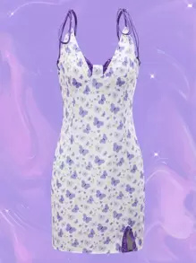 SHEIN ICON 蝴蝶圖案蕾絲邊下擺開叉肩上打結吊帶連衣裙 - 彩色 - 查看 1