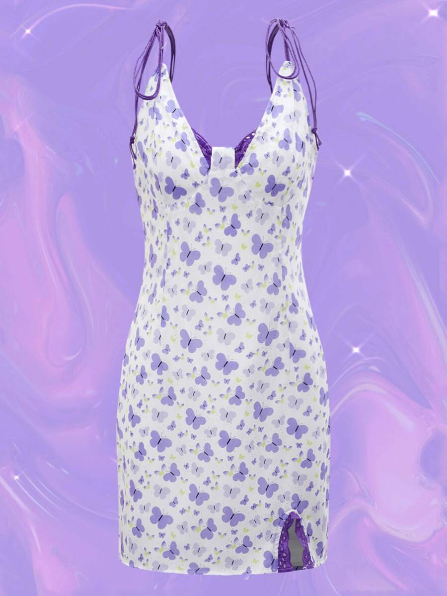 SHEIN ICON 蝴蝶圖案蕾絲邊下擺開叉肩上打結吊帶連衣裙 - 彩色 - 查看 1