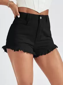 SHEIN Essnce 斜口袋毛邊緣牛仔短褲 - 黑色 - 查看 2