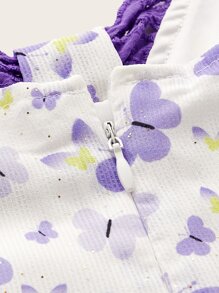 SHEIN ICON 蝴蝶圖案蕾絲邊下擺開叉肩上打結吊帶連衣裙 - 彩色 - 查看 3