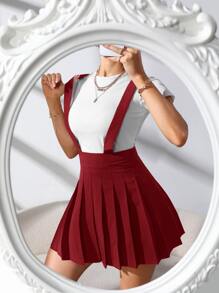 SHEIN Qutie 素色百褶背帶半身裙 - 酒紅色 - 查看 1