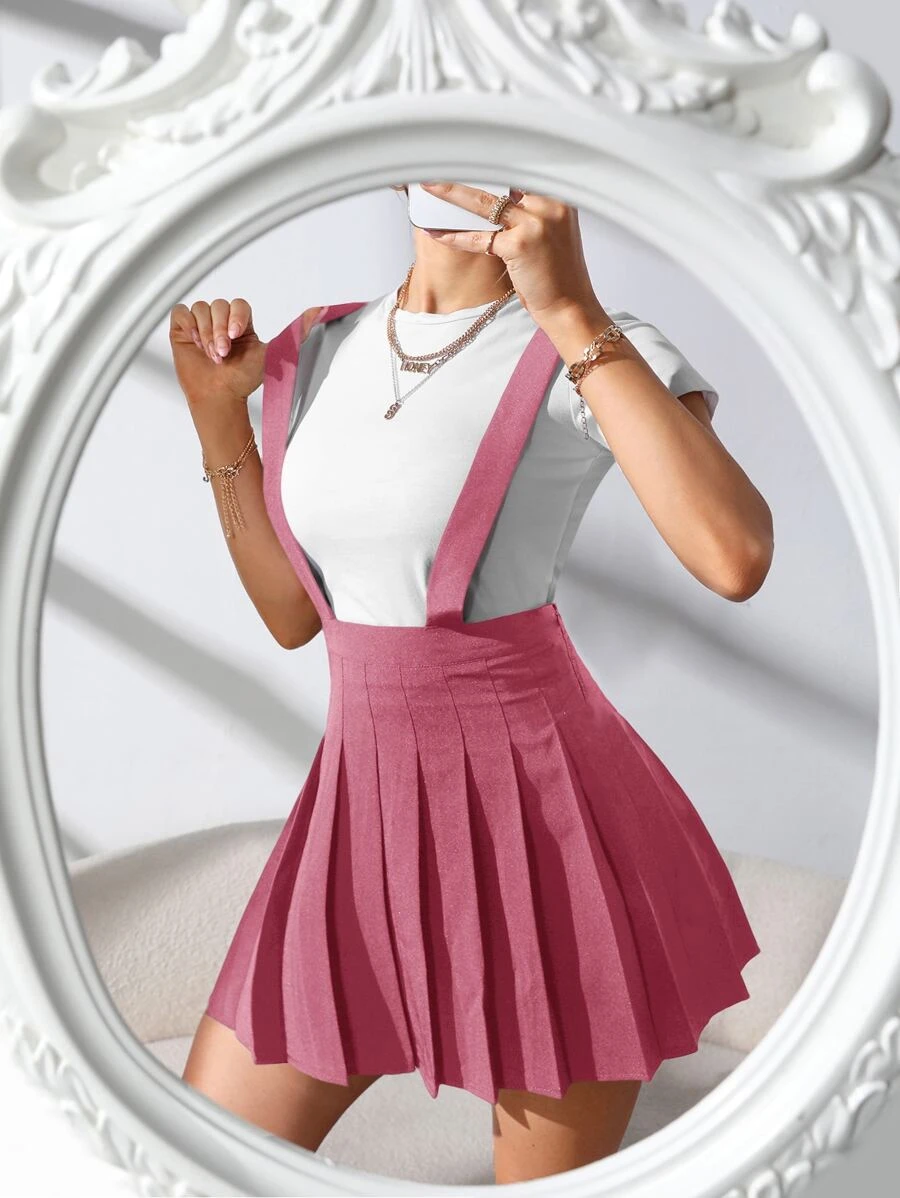 SHEIN Qutie Solid Pleated Suspender Skirt - Pink - View 1