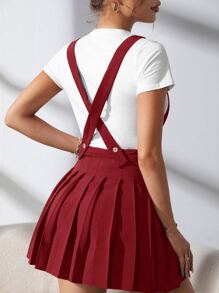 SHEIN Qutie 素色百褶背帶半身裙 - 酒紅色 - 查看 2
