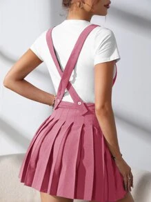 SHEIN Qutie Solid Pleated Suspender Skirt - Pink - View 2