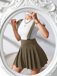 SHEIN Qutie 素色百褶背帶半身裙 - 軍綠色 - 查看 1