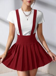 SHEIN Qutie 素色百褶背帶半身裙 - 酒紅色 - 查看 3