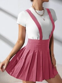 SHEIN Qutie Solid Pleated Suspender Skirt - Pink - View 3
