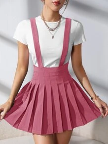 SHEIN Qutie Solid Pleated Suspender Skirt - Pink - View 4