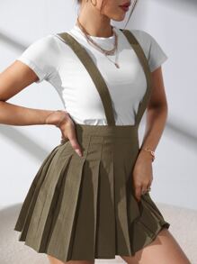 SHEIN Qutie 素色百褶背帶半身裙 - 軍綠色 - 查看 3