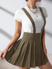 SHEIN Qutie 素色百褶背帶半身裙 - 軍綠色 - 查看 5