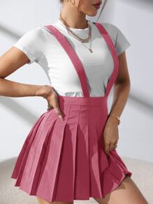 SHEIN Qutie Solid Pleated Suspender Skirt - Pink - View 5