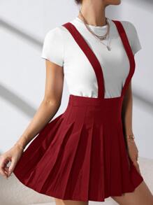 SHEIN Qutie 素色百褶背帶半身裙 - 酒紅色 - 查看 5