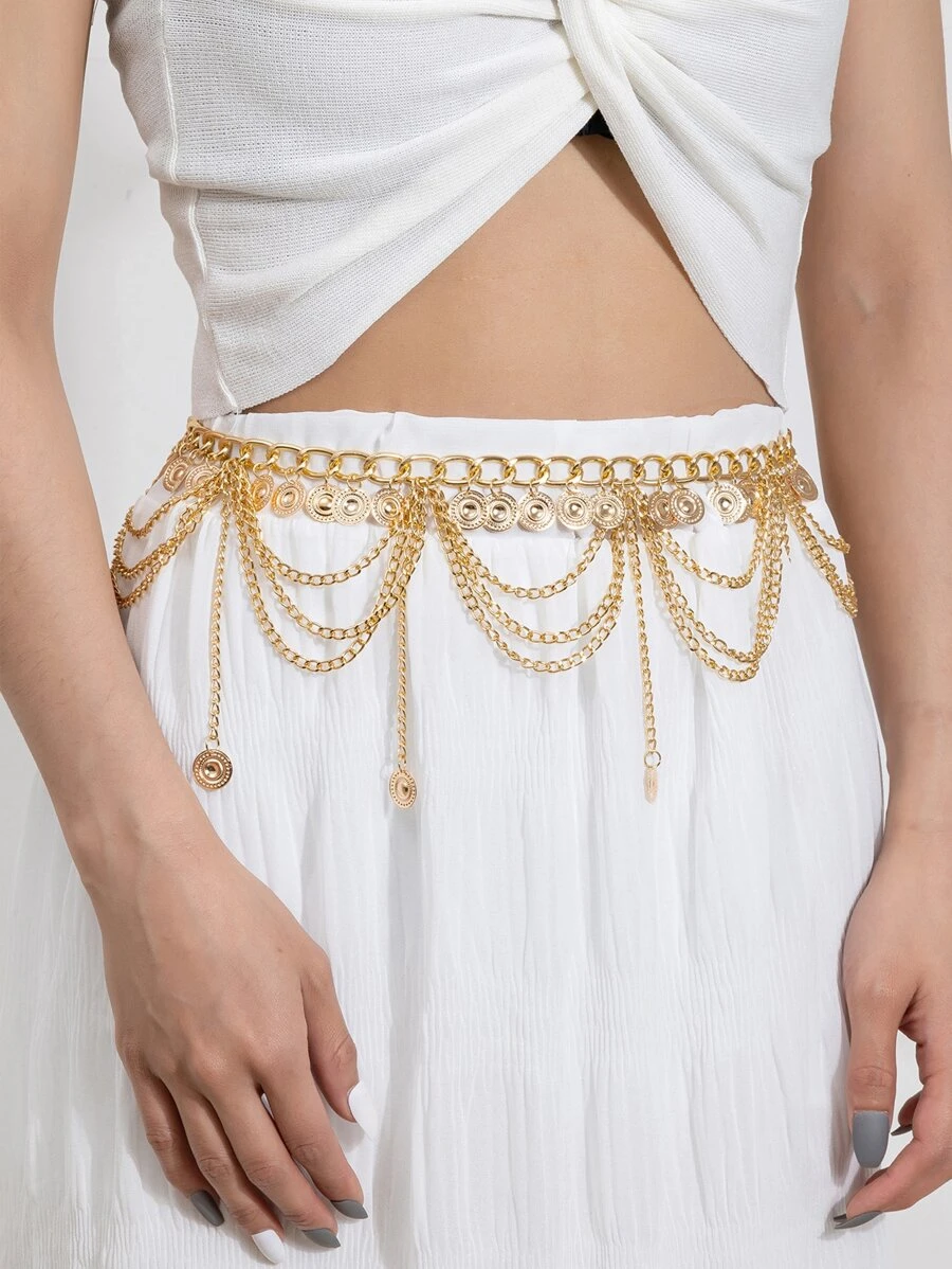 Metal Tassel Detail Chain Belt - Gold - View 1