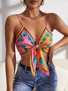 SHEIN SXY Plants Knot Front Crop Cami Beach Top - Multicolor - View 4