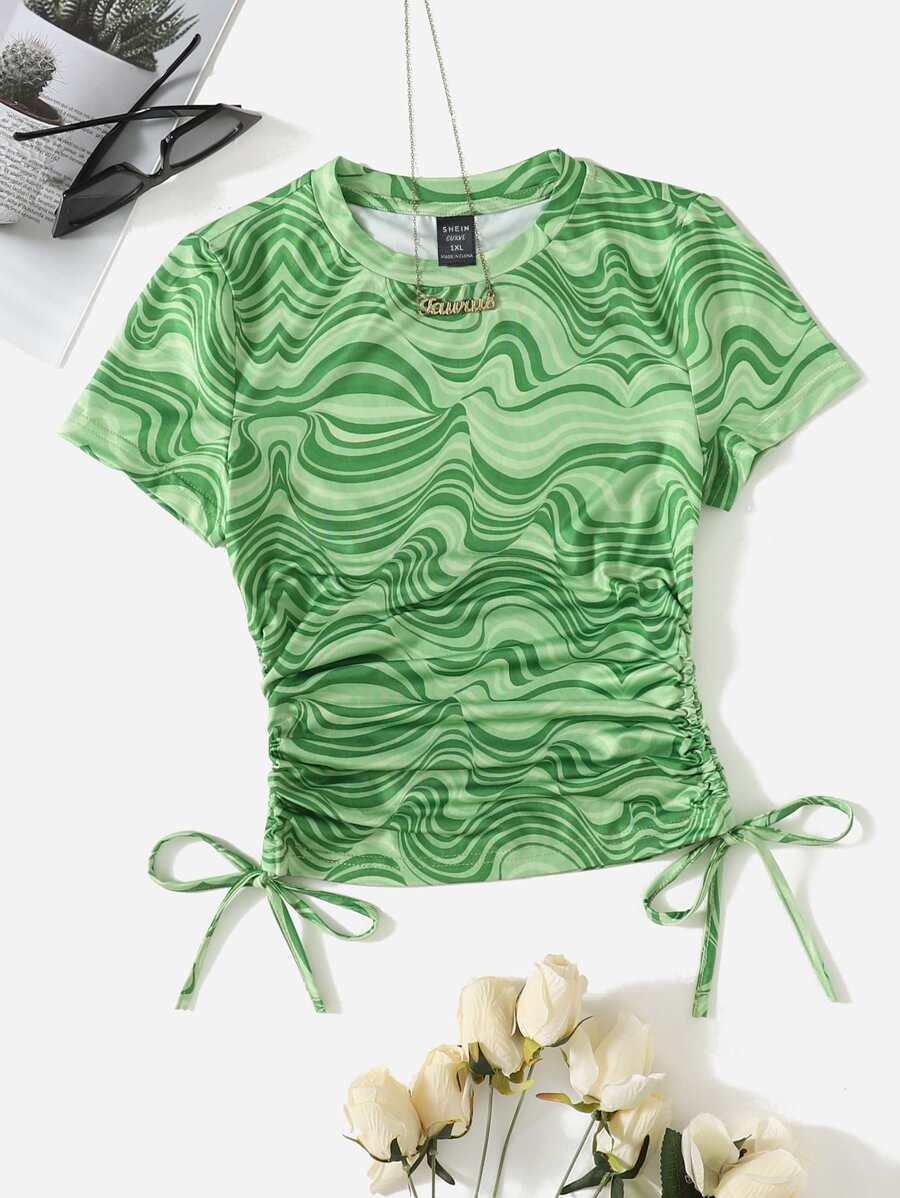 SHEIN EZwear Plus Marble Print Drawstring Side Tee - Green - View 1