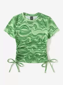 SHEIN EZwear Plus Marble Print Drawstring Side Tee - Green - View 4