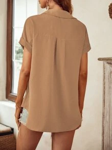 SHEIN LUNE 補丁貼口袋蝙蝠袖襯衫 - 卡其色 - 查看 2