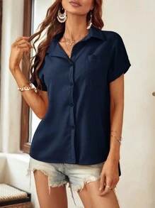 SHEIN LUNE 補丁貼口袋蝙蝠袖襯衫 - 藏蓝色 - 查看 3