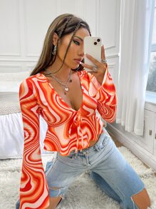 SHEIN Unity Camiseta corta con estampado de mármol manga de campana con nudo delantero bajo con fruncido - Multicolor - Ver 3