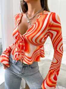 SHEIN Unity Camiseta corta con estampado de mármol manga de campana con nudo delantero bajo con fruncido - Multicolor - Ver 4