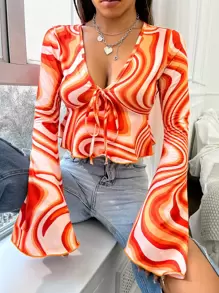 SHEIN Unity Camiseta corta con estampado de mármol manga de campana con nudo delantero bajo con fruncido - Multicolor - Ver 6